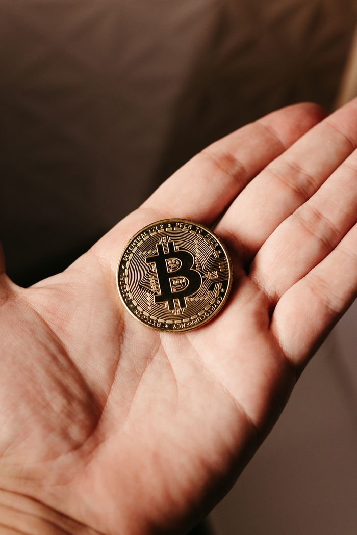 Home A detailed view of a Bitcoin coin resting in a human hand, symbolizing cryptocurrency.